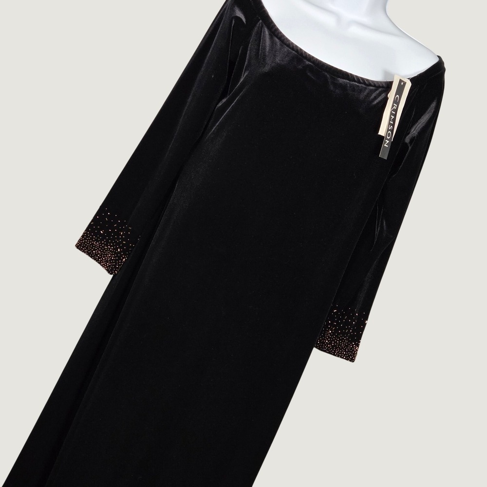 Deadstock NEW Lawrence Kurtz Women 12 Velvet Beaded Cuff Maxi Dress Black VTG 90